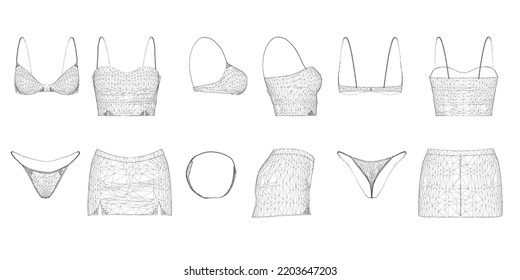 A set with a wireframe of women's clothing from black lines isolated on a white background. Front, side, back view. Women's panties, bra, skirt and top. 3D. Vector illustration.