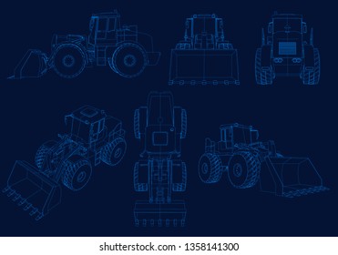 Set of wireframes with bulldozers of blue lines on a dark background. Bulldozers from different angles. 3D. Vector illustration