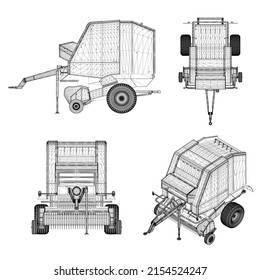Mit Wireframes der Erntemaschinen aus schwarzen Linien einzeln auf weißem Hintergrund. Anhänger für die Erntemaschine. Draufsicht, isometrisch, Vorderseite, Seite. 3D. Vektorgrafik.