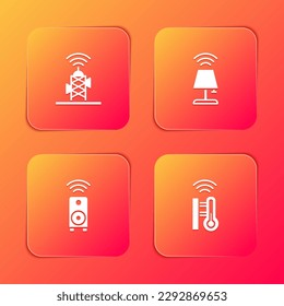 Set Wireless antenna, Smart table lamp, stereo speaker and thermometer icon. Vector