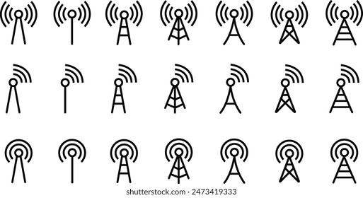 Conjunto de iconos de arte de relleno de antena de red de radio, señal celular, celular inalámbrico. Diseños de torre. Señales y símbolos de redes de datos de telecomunicaciones. Receptor transmisor aislado sobre fondo transparente.