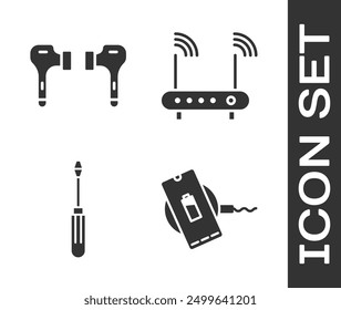 Set Wireless charger, Air headphones, Screwdriver and Router and wi-fi signal icon. Vector