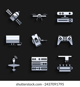 Set Wireless charger, Server, Data, Web Hosting, Factory conveyor system belt, Gamepad, UAV Drone, Smart Tv, Motion sensor and Satellite icon. Vector