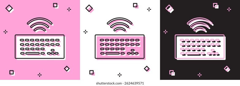 Set Wireless computer keyboard icon isolated on pink and white, black background. PC component sign. Internet of things concept with wireless connection.  Vector