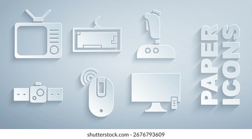 Set Wireless computer mouse, Joystick for arcade machine, Smartwatch, Tv, Keyboard and Retro tv icon. Vector
