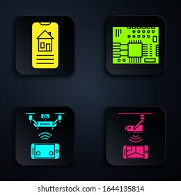 Set Wireless Controlling CCTV security camera, Smart home, Remote aerial drone and Printed circuit board PCB. Black square button. Vector