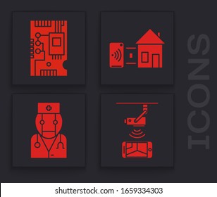 Set Wireless Controlling CCTV security camera, Electronic computer components motherboard digital chip, Smart home and Robot doctor icon. Vector