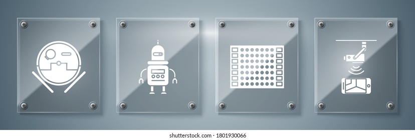 Set Wireless Controlling CCTV security camera, Printed circuit board PCB, Robot and Robot vacuum cleaner. Square glass panels. Vector
