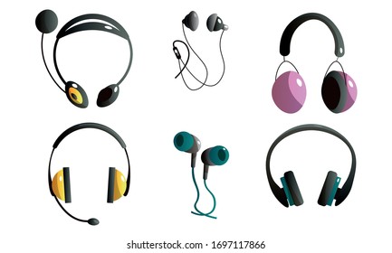 Set of wireless and corded music headphones in different colors and shapes. Vector illustration in flat cartoon style.