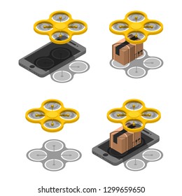 Set wireless drone delivery online isometric. Delivery parcel package using drone on screen smartphone