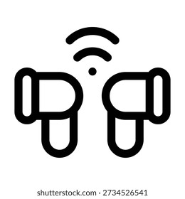 A set of wireless earbuds icons featuring a signal wave between the earpieces. This illustration represents Bluetooth technology, wireless audio, hands-free calling, and modern mobile accessories.