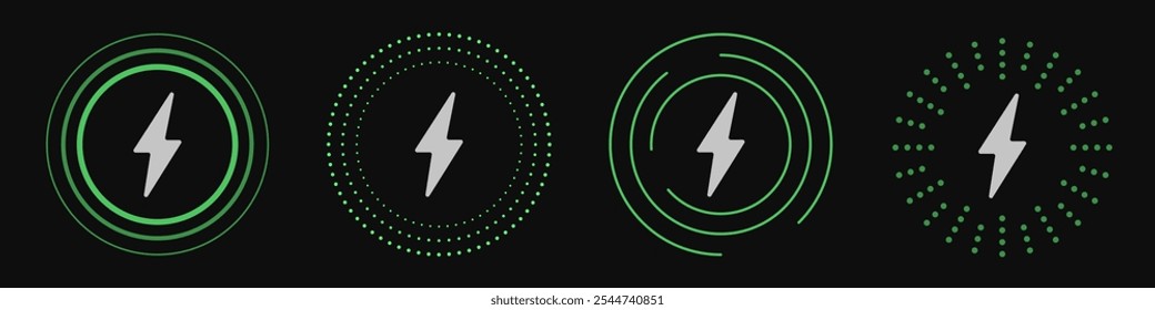 Set of wireless fast charging icons. Round green energy, power supply, charge vector icons