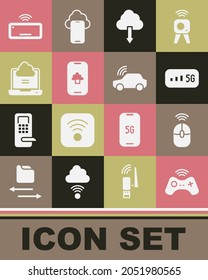 Set Wireless gamepad, computer mouse, 5G wireless internet, Cloud download, technology data, Network cloud connection, Computer keyboard and Smart car system icon. Vector