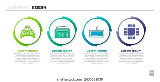Set Wireless gamepad, Radio with antenna, Keyboard and Processor with microcircuits CPU. Business infographic template. Vector