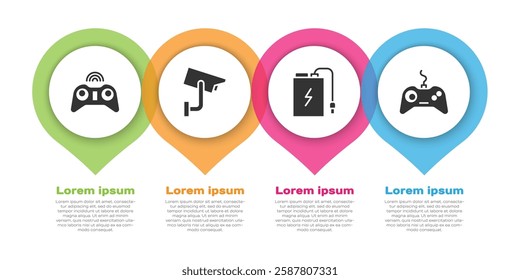 Set Wireless gamepad, Security camera, Power bank with charge cable and Gamepad. Business infographic template. Vector