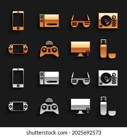 Ajuste gamepad inalámbrico, reproductor de vinilo, unidad flash USB, Smart Tv, videoconsola portátil, gafas, Smartphone, teléfono móvil e icono de tablet gráfica. Vector
