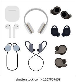 Set of wireless headphones flat vector illustration. Different types of wireless headphones. The concept of modern and tech headphones.