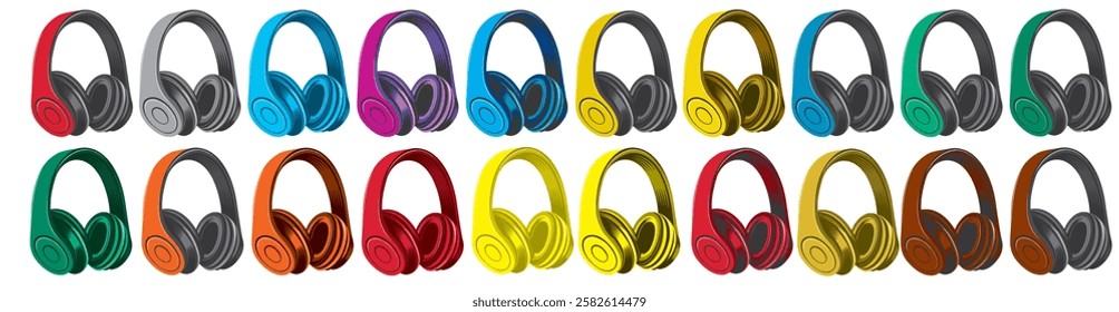 A set of wireless headphones in red, gray, blue, purple, lilac, neon, green, yellow, brown, orange and other colors on a white isolated background