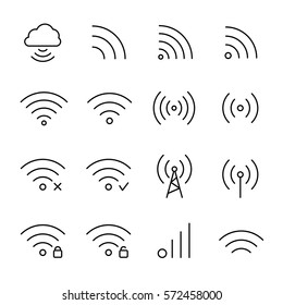 Set of wireless icons in modern thin line style. High quality black outline wifi symbols for web site design and mobile apps. Simple wi-fi pictograms on a white background.