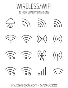 Set of wireless icons in modern thin line style. High quality black outline wifi symbols for web site design and mobile apps. Simple wi-fi pictograms on a white background.