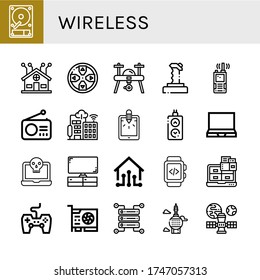Set of wireless icons. Such as Hard disk, Smart home, Gamepad, Drone, Joystick, Walkie talkie, Radio, Smart city, Tablet, Remote, Laptop, Television, Smart house , wireless icons