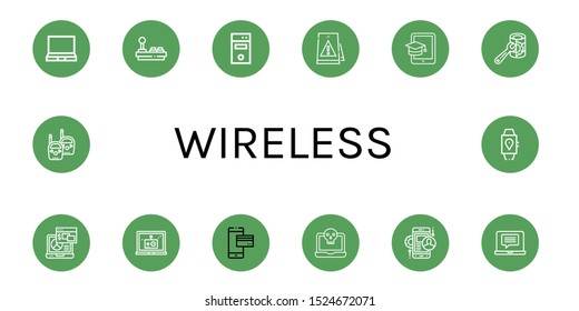 Set of wireless icons. Such as Laptop, Joystick, Computer tower, Signaling, Tablet, Server, Mobile payment, Mobile app, Walkie talkie, Smartwatch , wireless icons