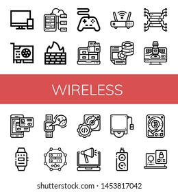 Set of wireless icons such as Televisions, Video card, Server, Firewall, Controller, Laptop, Wifi, Satellite, Smartphone payment, Smartwatch, Hard disk, Remote , wireless