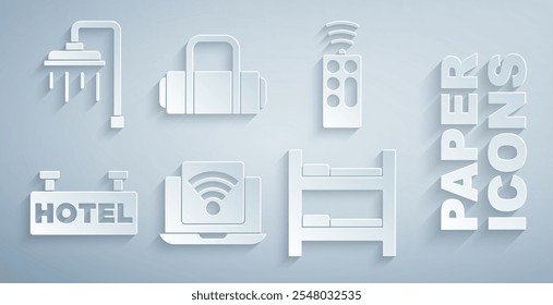 Set Wireless laptop, Remote control, Signboard with text Hotel, room bed, Suitcase and Shower icon. Vector