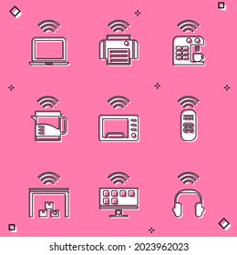Set Wireless laptop, Smart printer, coffee machine, electric kettle, microwave oven, remote control, warehouse and Tv system icon. Vector