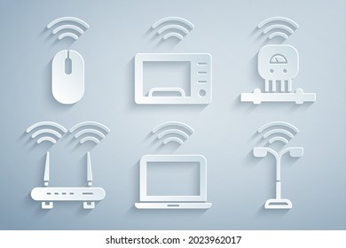 Ajuste portátil inalámbrico, sensor inteligente, señal de enrutador y wi-fi, luz de la calle, horno microondas e icono del ratón. Vector