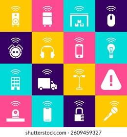 Set Wireless microphone, Exclamation mark in triangle, Smart light bulb, warehouse, headphones, Robot vacuum cleaner, stereo speaker and smartphone icon. Vector