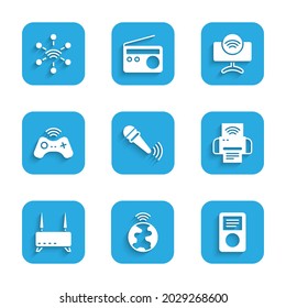 Set Wireless microphone, Global technology, Music player, Smart printer system, Router and wi-fi signal, gamepad, Tv and Network icon. Vector