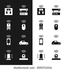 Set Wireless mouse, Smart stereo speaker, bathroom scales, TV box receiver, smartphone, car system with wireless, security camera and flasher siren icon. Vector