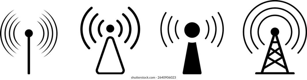 Set of Wireless Signal Tower Icons. Radio tower. Antenna icon. Communication tower. Broadcast transmission. Concept of network, data transmission, broadcasting, telecommunication, and transmitter