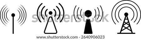 Set of Wireless Signal Tower Icons. Radio tower. Antenna icon. Communication tower. Broadcast transmission. Concept of network, data transmission, broadcasting, telecommunication, and transmitter
