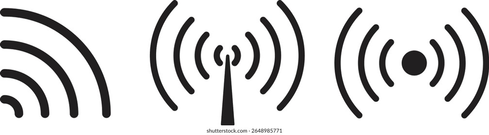 Set of wireless signal vector icons in black. Includes Wi-Fi, radio tower, and broadcast symbols. Ideal for network, communication, or connectivity design projects and interfaces.