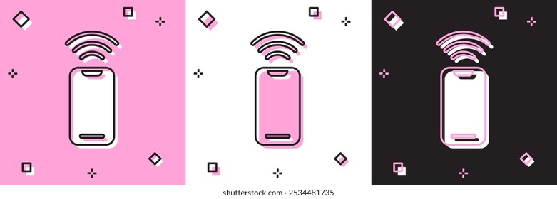 Icono inalámbrico del smartphone aislado en el fondo rosado y blanco, negro.  Vector