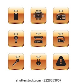 Set Wireless smartphone, microphone, Smart electric plug, TV box receiver, light bulb, radio, Exclamation mark in triangle and Processor with microcircuits CPU icon. Vector