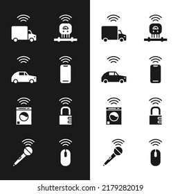 Set Wireless Smartphone, Smart Car System mit Wireless, LKW, Sensor, Wesper, Safe-Kombinationsschloss, Maus und Mikrofon Symbol. Vektorgrafik