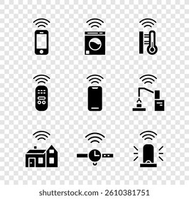 Set Wireless smartphone, Smart washer, thermometer, home with wireless, Smartwatch, flasher siren, remote control and  icon. Vector