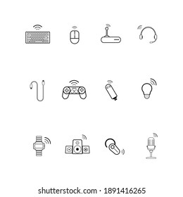 Set of wireless technology icons. keyboard, mouse, wifi, headphones, game controls.