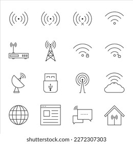 Set of wireless telecom communication signal icon. Satellite technology outline vector.