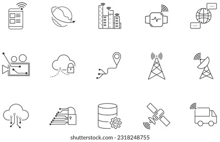 Set of wireless telecom communication signal icon. Satellite technology outline vector.