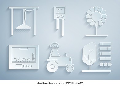 Set Wireless tractor on smart farm, Flower, Incubator for eggs, Plant status, Temperature and humidity sensor and Automatic irrigation sprinklers icon. Vector