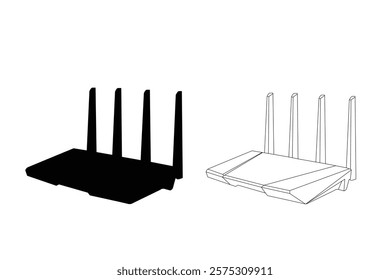 Set of wireless wifi internet router vector icon illustration isolated on white background. Router icons collection black silhouette art work.