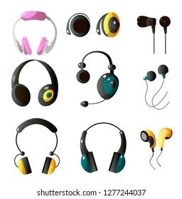 Set of wireless and wired headphones in different colors and shapes, closed headphones and droplets headphones.