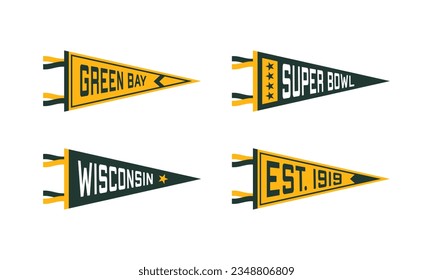 Set of Wisconsin football team pennants. Vintage hand drawn wanderlust style. Isolated on white background. Good for t shirt, mug, other identity. Vector illustration.