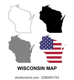 Conjunto de mapas de Wisconsin, estados unidos de américa. Icono de concepto plano, ilustración vectorial.