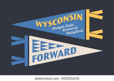 Set of Wisconsin pennants. Vintage retro graphic flag, pennant, star, sign, symbols of USA.