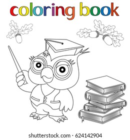 Set of Wise Professor Owl in mortarboard, stacked books and acorns for coloring book, childish cartoon vector illustration